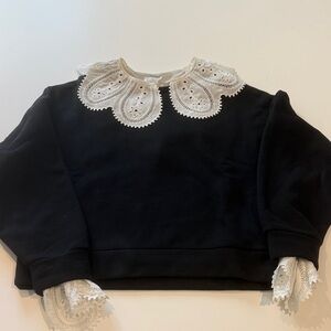 Maje Black Sweater with White Lace Accents